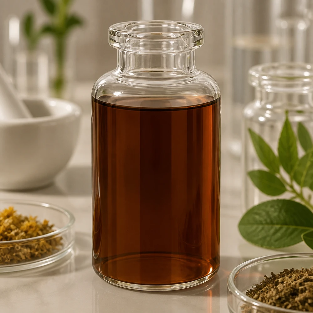 Injektionsflaske i klart glas 30 ml Injektionsflasche Klarglas 30ml mit dunkelbraunem Pflanzenextrakt in botanischer Laborszene