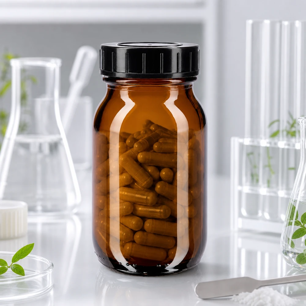 100 ml flaske med bred hals i ravfarvet glas med skruelåg Bredhalset glasflaske 100 ml i brun med bred åbning for nem påfyldning