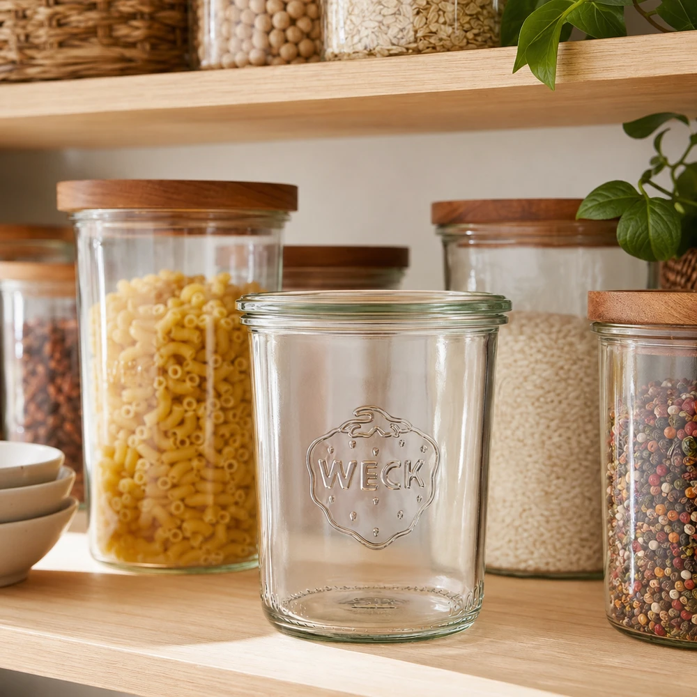 160 ml Briller WECK RR60 WECK 160ml RR60 tomt opbevaringsglas i spisekammer med fyldte opbevaringsglas til madopbevaring