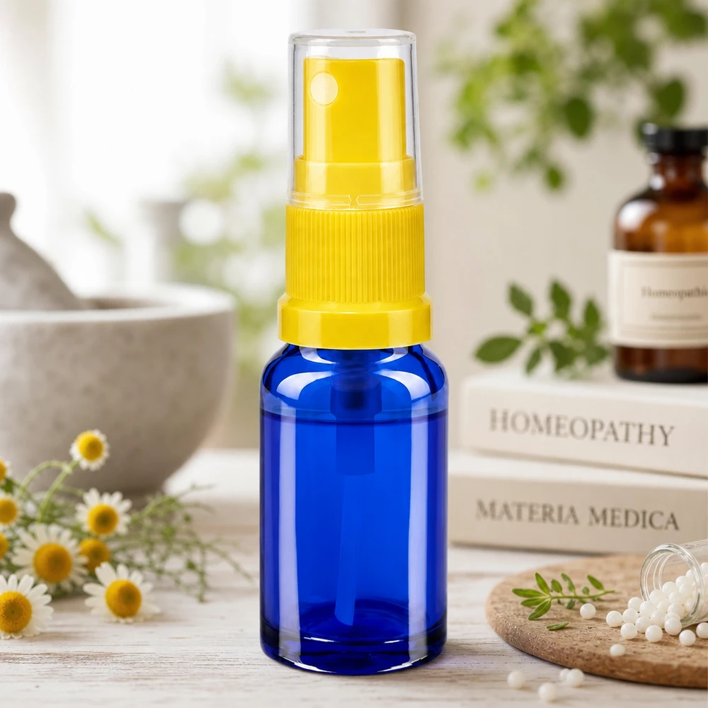Homøopatisk sprayflaske, 10 ml, blåt glas med gul pumpespray, STD-udførelse, ApoGlas