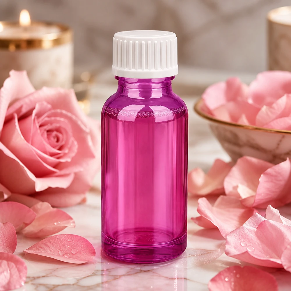 20 ml (kugle) flaske 3 mm hældering hvid standard PurpleLine.UT18/20 Lilla 20 ml glasflaske med hvid hætte til aromaterapi og kosmetik
