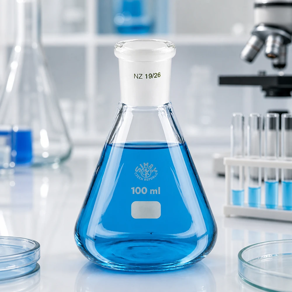 Erlenmeyer-kolbe 100 ml med standard slebet led (19/26) Erlenmeyer-kolbe 100 ml med standard slebet led (19/26)