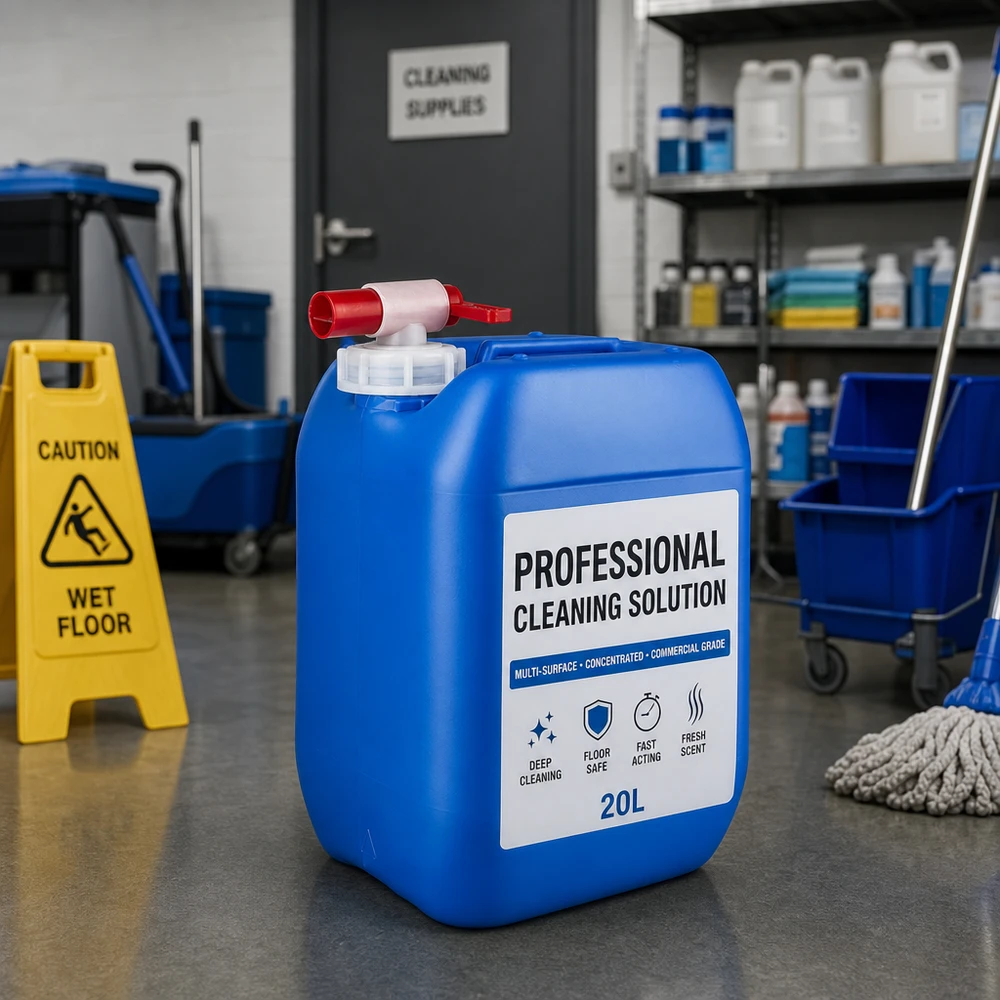 Blå plastdunk på 10 liter med udløbshane til professionel rengøring