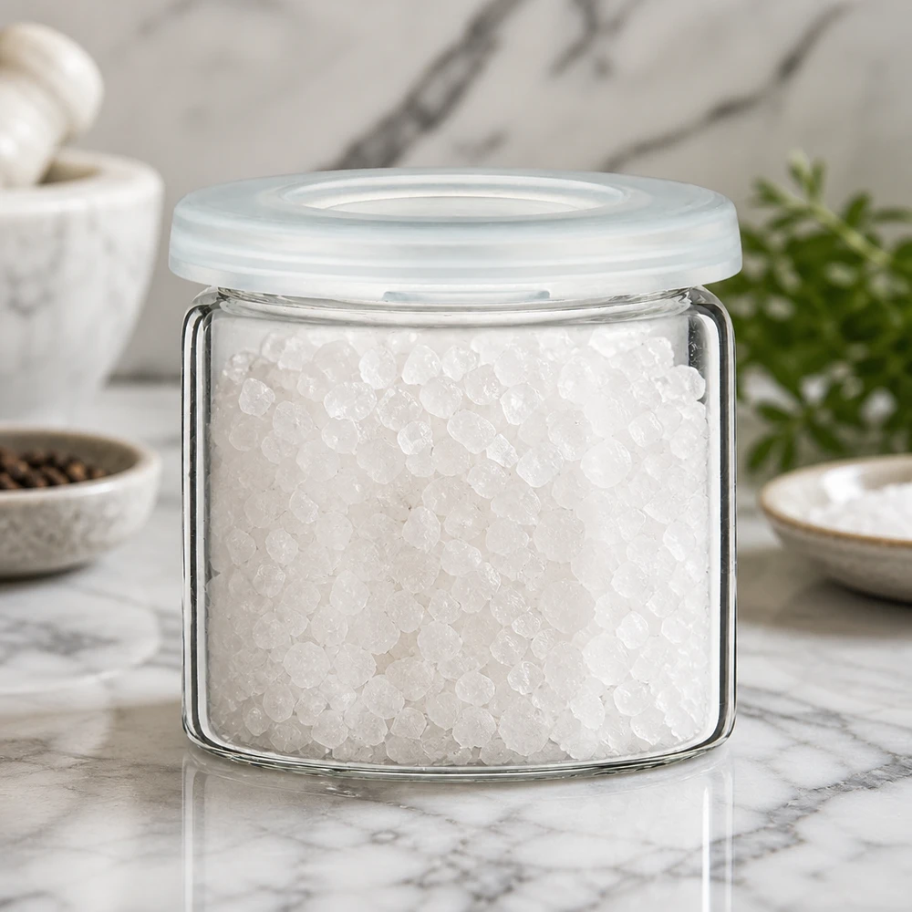 Idé til krydderikrukke: 5 ml tabletkrukke (krukke med rullet kant) i klart glas Glasbeholder med groft havsalt og hvidt plastlåg på en marmoroverflade