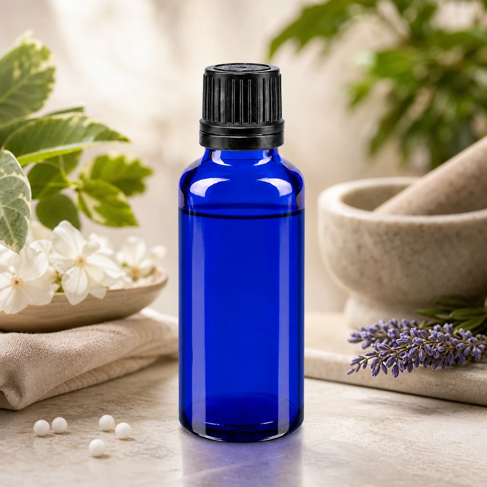 Apoteksflaske blå 30ml skruelåg sort hældeprop r. OV Koboltblå 30 ml apotekerflaske af glas med sort OV-lukning ved siden af lavendel og morter