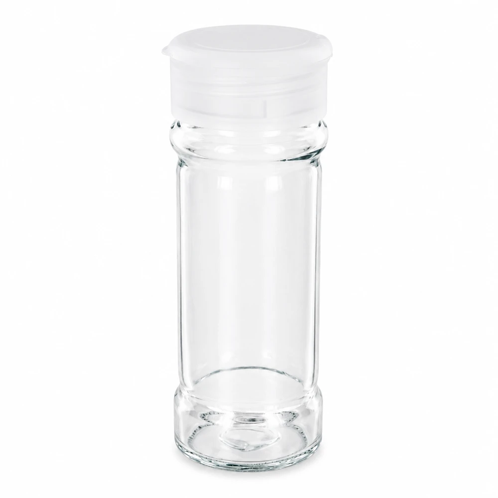 Salt-/krydderikrukke 100 ml med strøer, hvid Tom krydderikrukke på 100 ml af klart glas med hvidt plastdæksel med strøfunktion