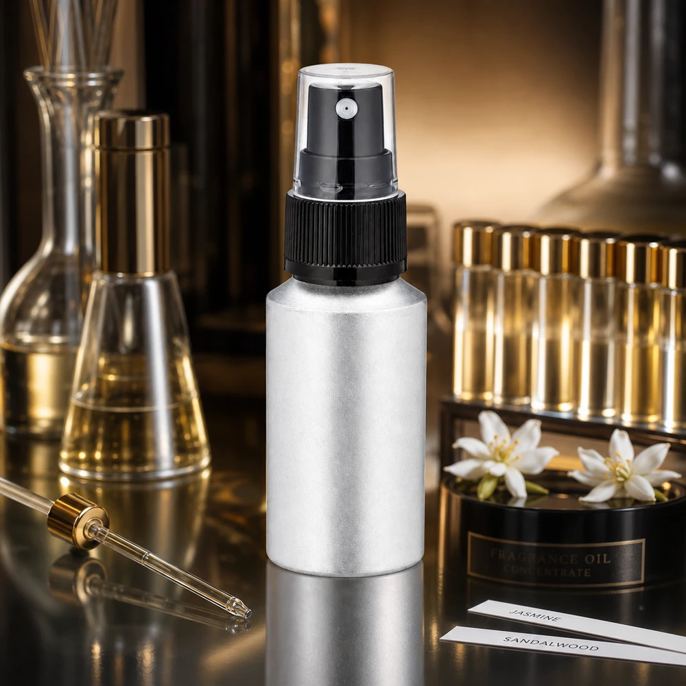 30 ml farvet aluminiumsflaske med forstøver Kompakt 30 ml aluminiumsflaske med forstøver i et elegant design til mobile parfumeapplikationer