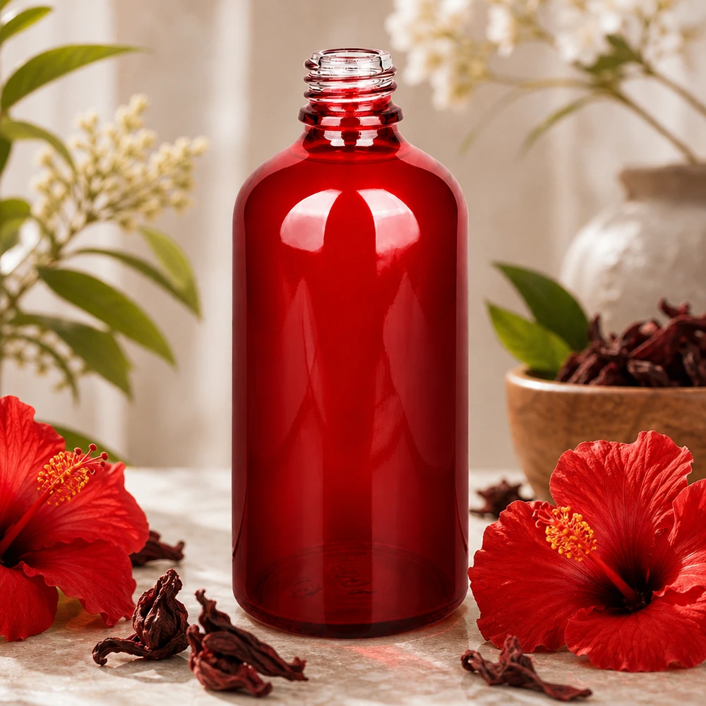 100 ml Apoteksflaske RedLine UT18/100 UNiTWIST Rød glasflaske 100 ml RedLine med blank overflade og professionelt UNiTWIST-gevind