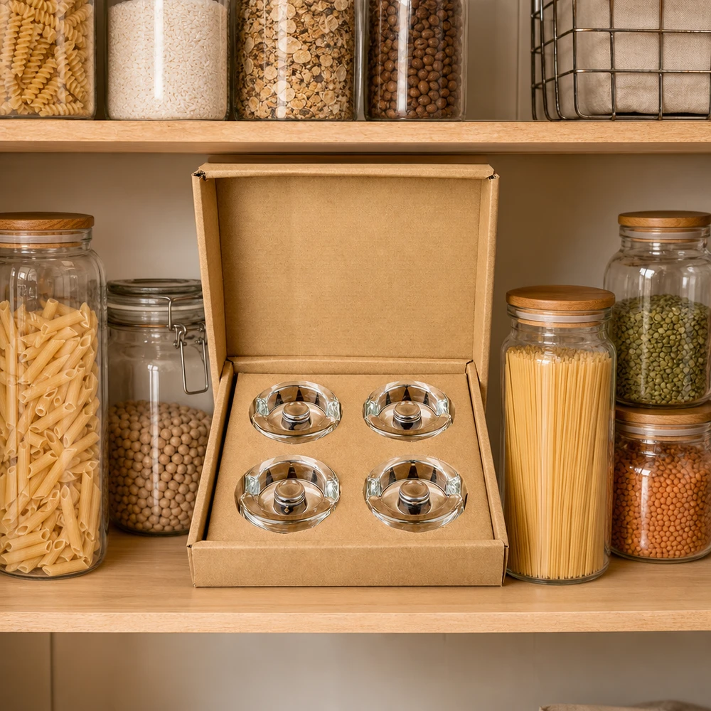 Fermenteringsvægte i glas med håndtag, sæt med 4 UNiTWIST UNiTWIST fermenteringskrukkevægte sæt med 4 i opbevaringsstativ mellem konserveringsglas med pasta og bælgfrugter