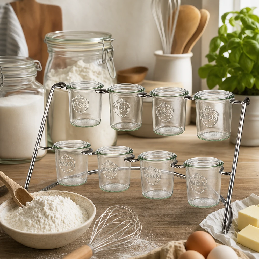 Flato8-serveringsstativ til 8 WECK-glas WECK Flato8 serveringsstativ i et moderne køkken med bageingredienser og tomme beholdere til krydderier og proviant