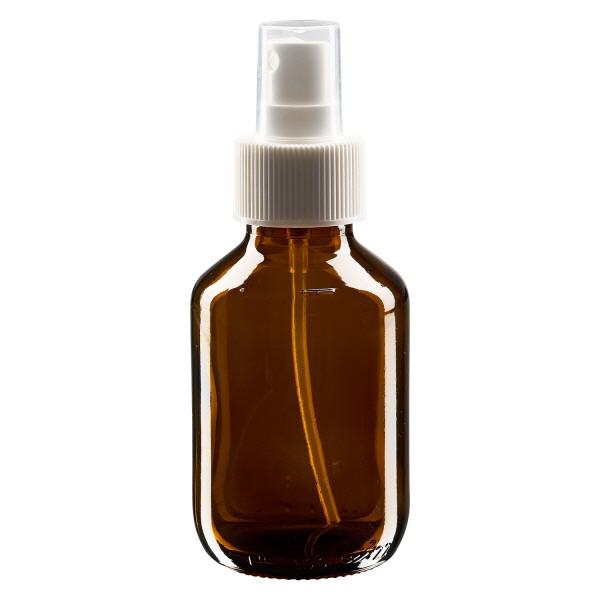 100 ml medicinflaske brun, med pumpesprøjte hvid ApoGlas. Farmaceutisk kvalitet fra EU-produktion. 28 mm (PP28) gevind. (sirup, let glasflaske)