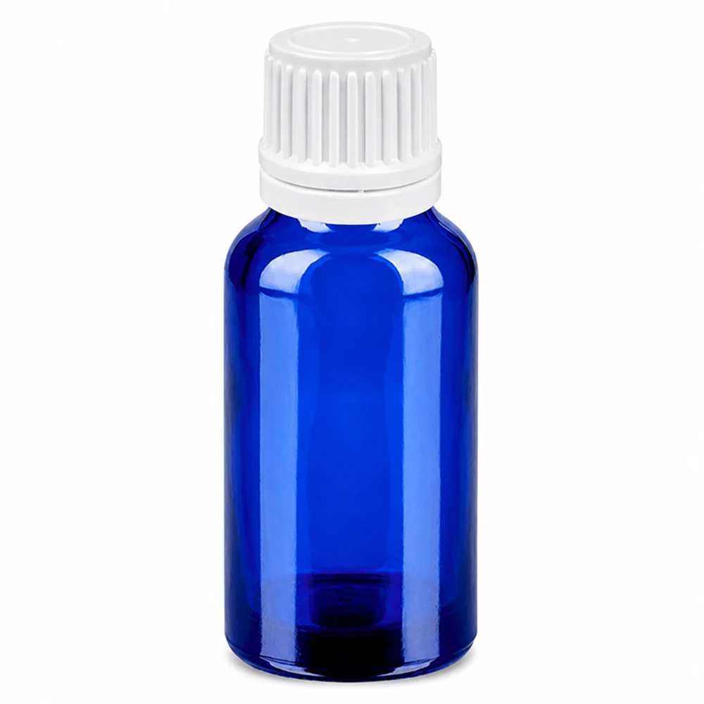 20 ml dråbeflaske af blåt glas med hvid hætte til præcis dosering