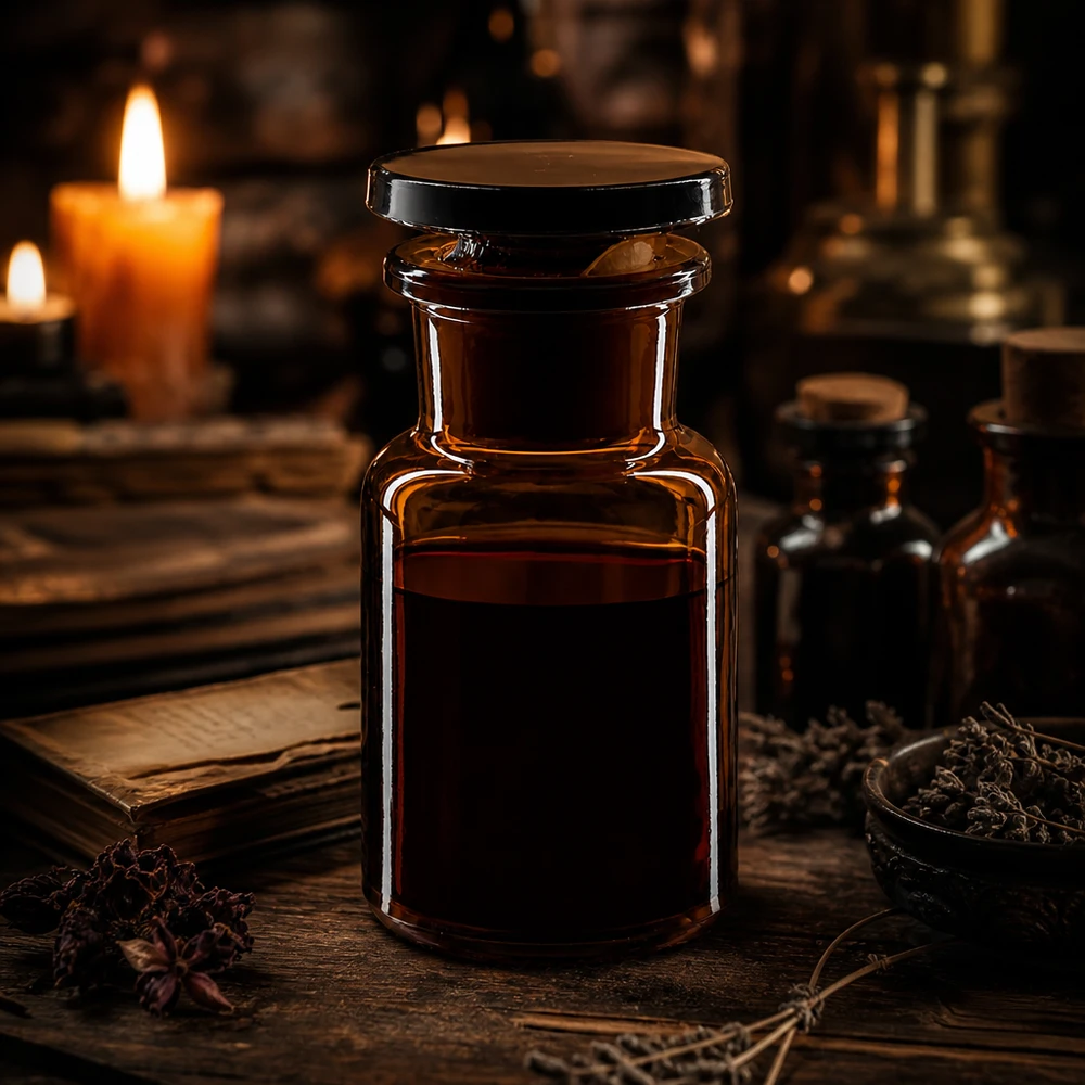 Rund skulderflaske 50 ml brun glasprop med bred hals Lysbeskyttet flaske på 50 ml med bred hals og glasprop til følsomme tinkturer og essenser