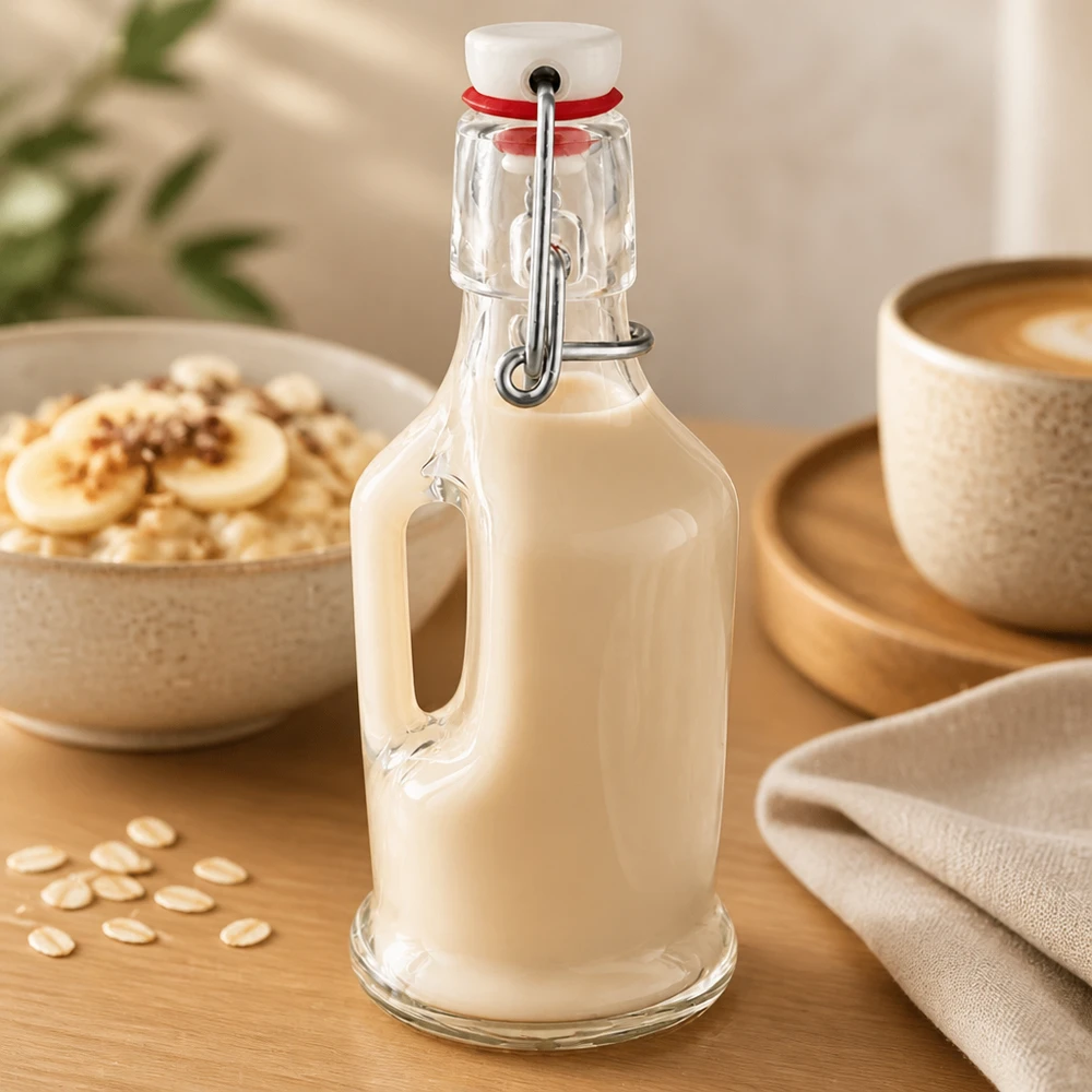 200 ml glasflaske »Bertha« og PVC-skruelåg UNiTWIST® Glasflasche Bertha 200ml mit cremiger Hafermilch befüllt, Bügelverschluss UNiTWIST, Frühstücksszene mit Müsli und Kaffee
