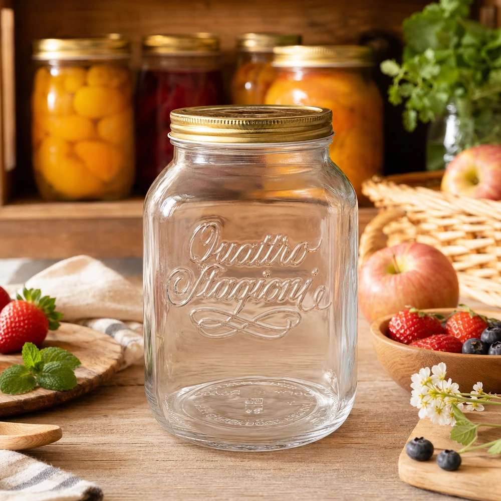 3000 ml rundt glas "Quattro Stagioni" med låg 3000 ml Quattro Stagioni-konservesglas i et rustikt køkken med frisk frugt og syltetøj i baggrunden