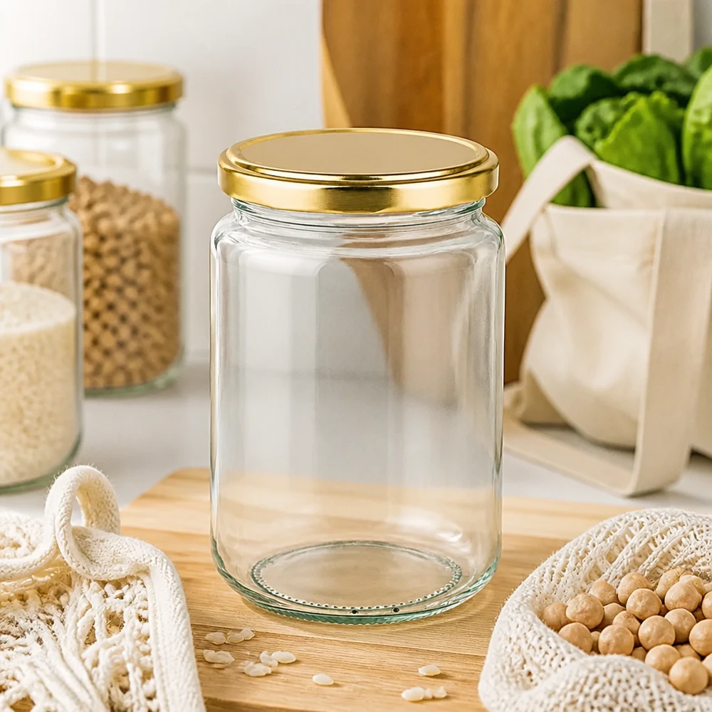 382 ml rund krukke med BasicSeal-låg guld UNiTWIST Elegantes 382ml Rundglas mit goldenem BasicSeal Deckel in moderner Küche mit Hülsenfrüchten und Gemüse