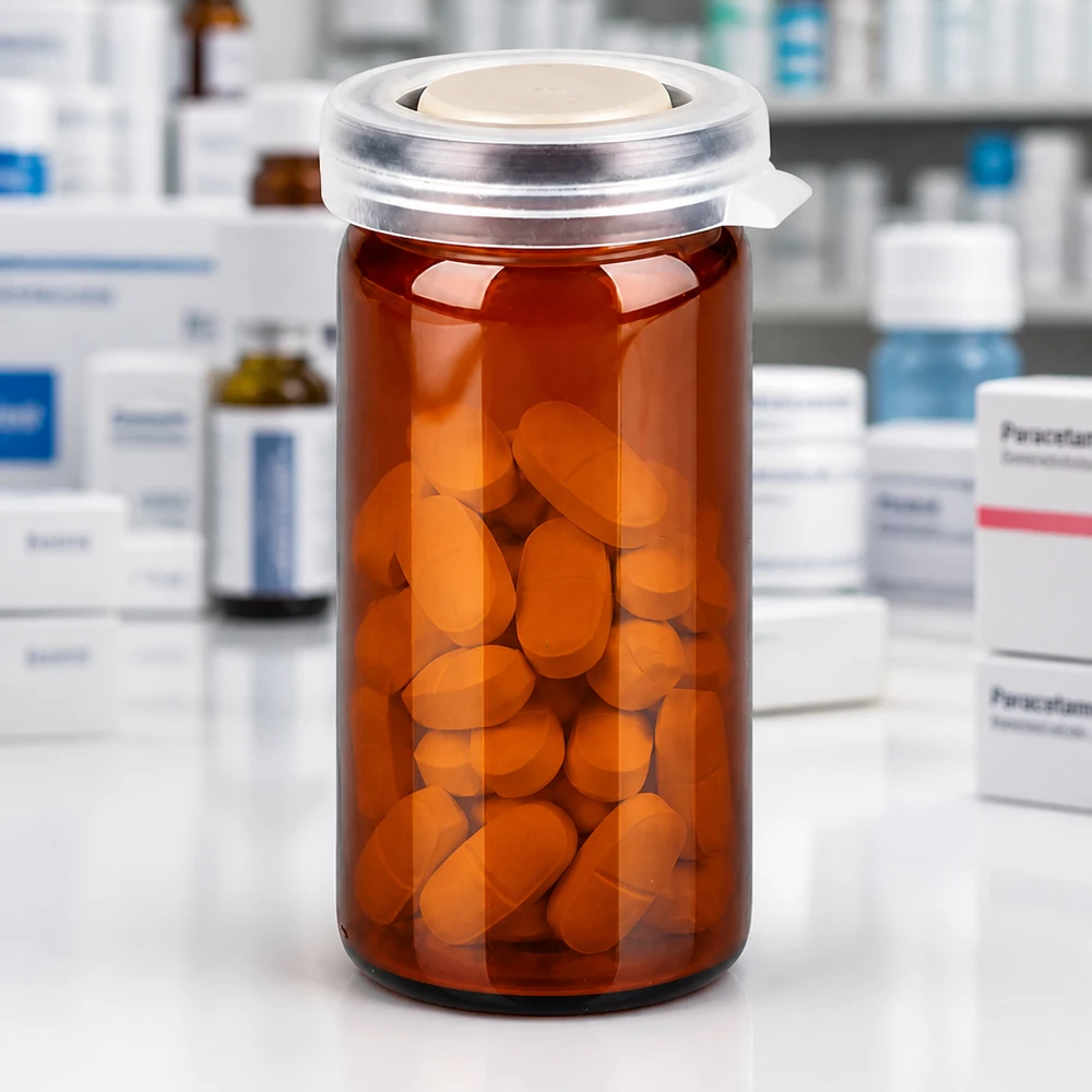 Farmaceutisk brunt glas med kliklåg og orange filmdrasjer i et apoteksmiljø