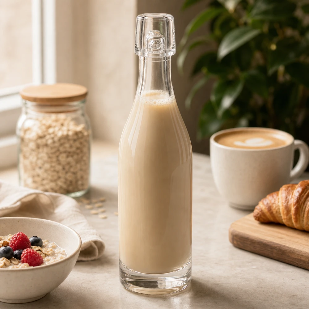 50 ml glasflaske uden skruelåg UNiTWIST 50 ml glasflaske UNiTWIST fyldt med havremælk mellem morgenmadsingredienserne Kornskål og croissant Køkkenbord