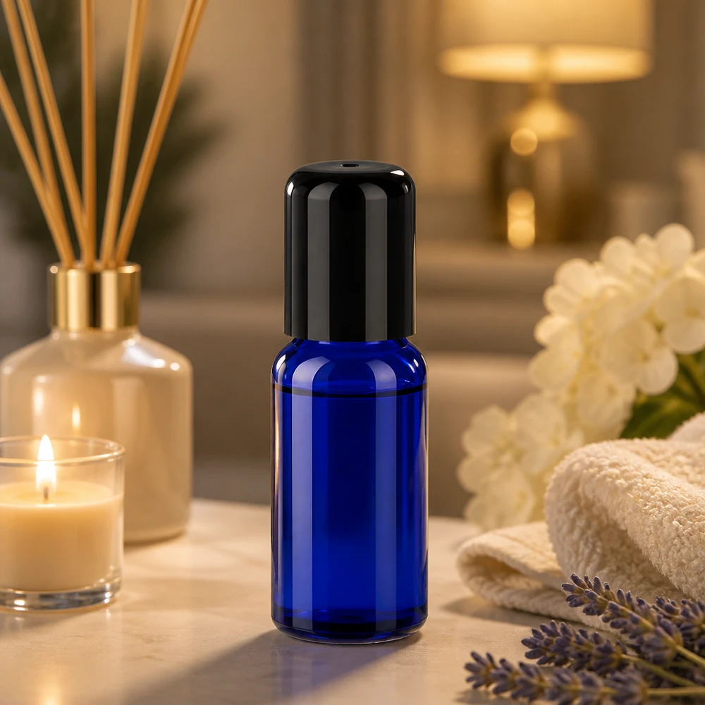 20 ml roll-on-flaske af høj kvalitet i blåt glas med sort hætte til flydende kosmetik