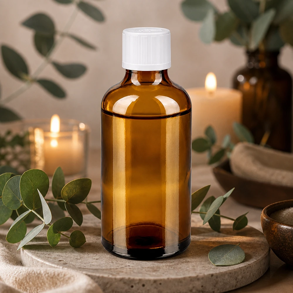 50 ml apotekerflaske af brunt glas med hvid skruelåg og børnesikring på natursten