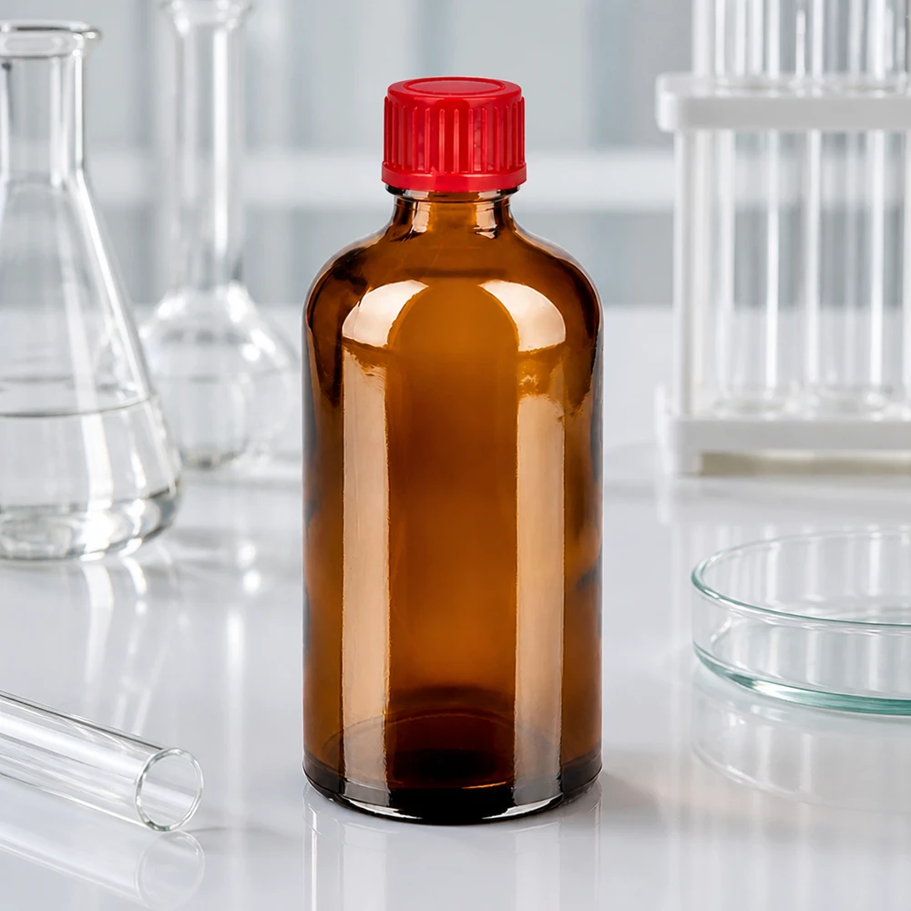 100 ml flaske 11 mm SV rød STD BrownLine UT18/100 100 ml BrownLine-glasflaske med 11 mm SV-gevind og rødt skruelåg til laboratoriebrug