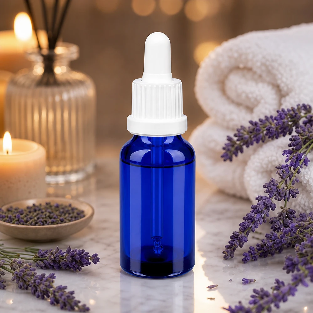 20 ml pipetteflaske hvid OV BlueLine UT18/20 Lille 20 ml pipetteflaske i elegant blå med hvid hætte til aromaterapi