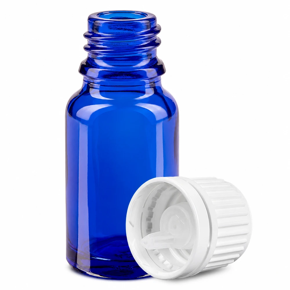 10 ml glasflaske blå med hvid dråbehætte til præcis dosering af væsker