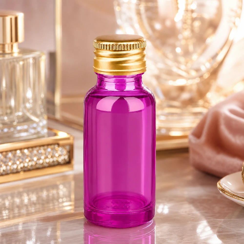 20 ml flaske 11 mm skruelåg aluminium guld standard PurpleLine. UT18/20 Elegant 20 ml violet glasparfumeflaske med guldmetalhætte til eksklusive dufte