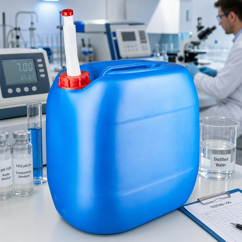 30 liters blå dunk med fleksibelt udløbsrør Laboratoriekande, 30 liter, blå, med fleksibelt udløbsrør, samt pH-bufferopløsning og ledningsevne-standard
