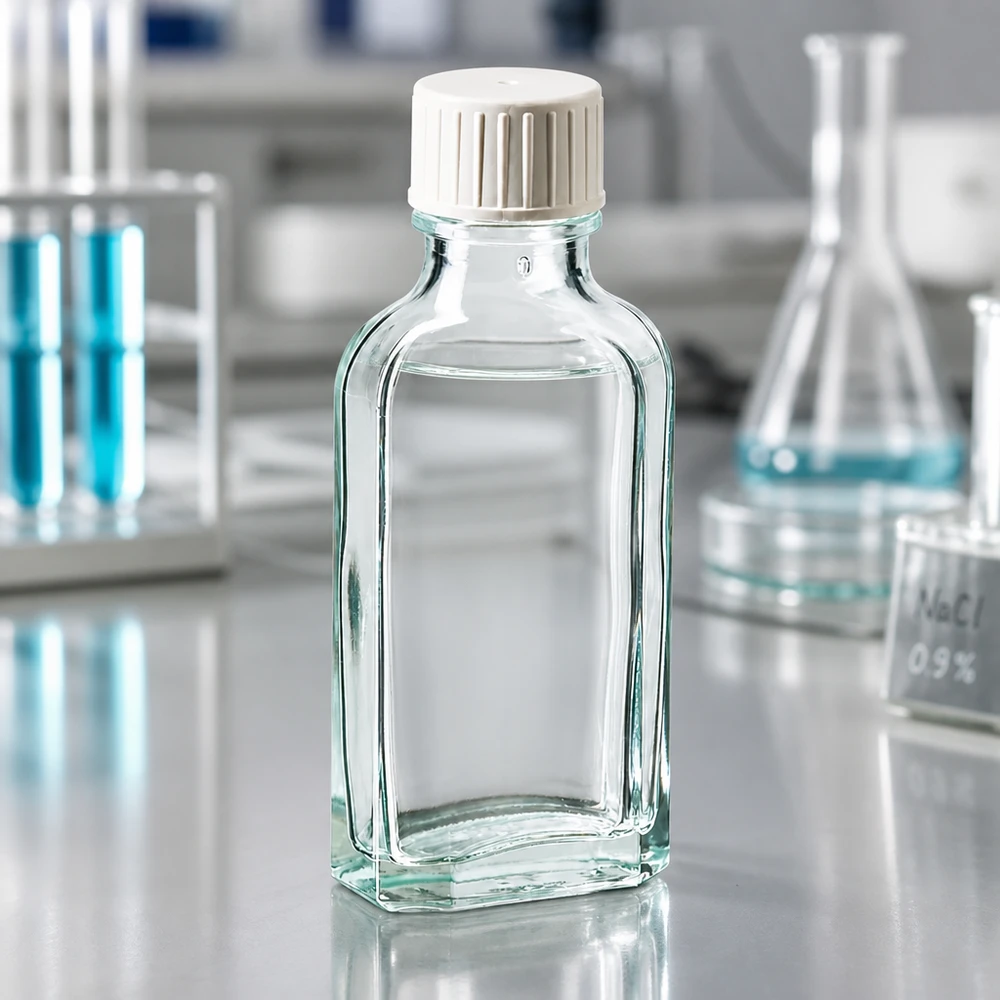 Rektangulær flaske af klart glas, 50 ml, med ribbet hvidt låg på en laboratoriebordplade