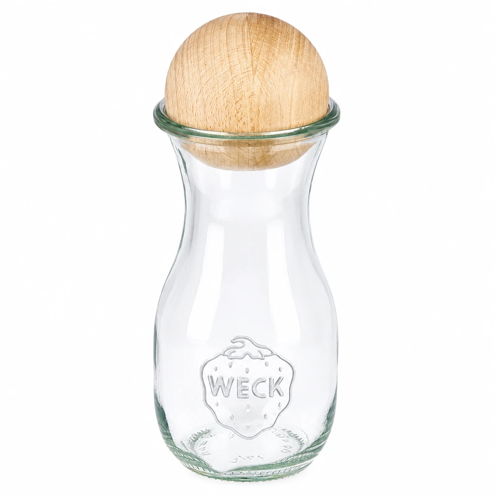 290 ml juiceflaske WECK RR60 med trækugle bøg WECK juiceflaske 290 ml RR60 af glas med bøgetræskugle som låg, klassisk design til drinks