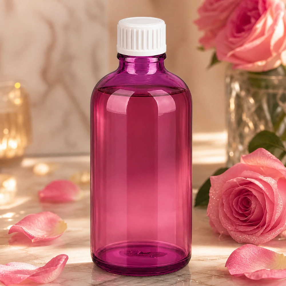 100 ml (globule) flaske 3 mm hældering hvid Standard PurpleLine. UT18/100 Lilla glasflaske 100 ml med hvid hætte til aromaterapi og naturkosmetik