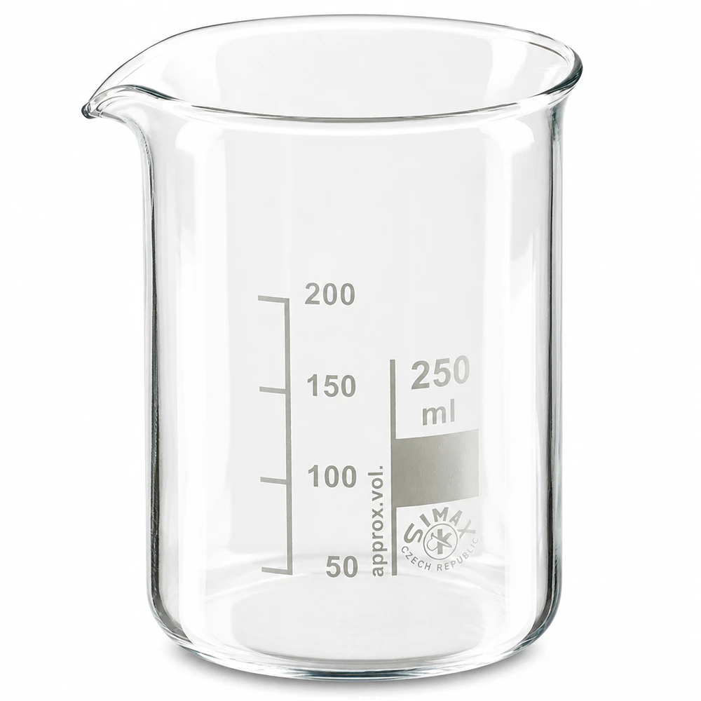 Bæger 250 ml borosilikatglas, lav form Laboratoriebæger 250 ml lav form lavet af borosilikatglas med præcis milliliter-skalering