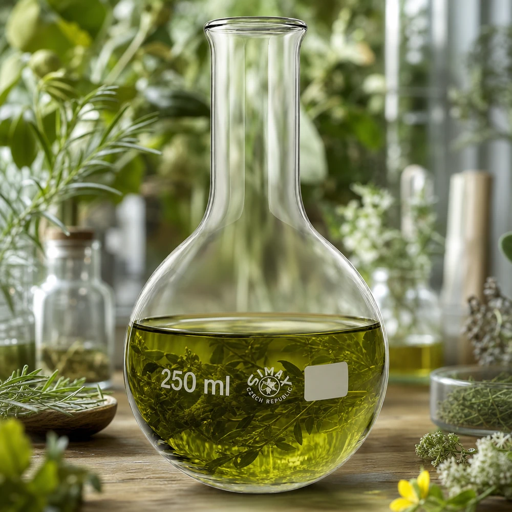 Stående kolbe 250 ml med smal hals Klar glaskolbe 250 ml med grøn urteinfusion og smal hals til botaniske ekstrakter