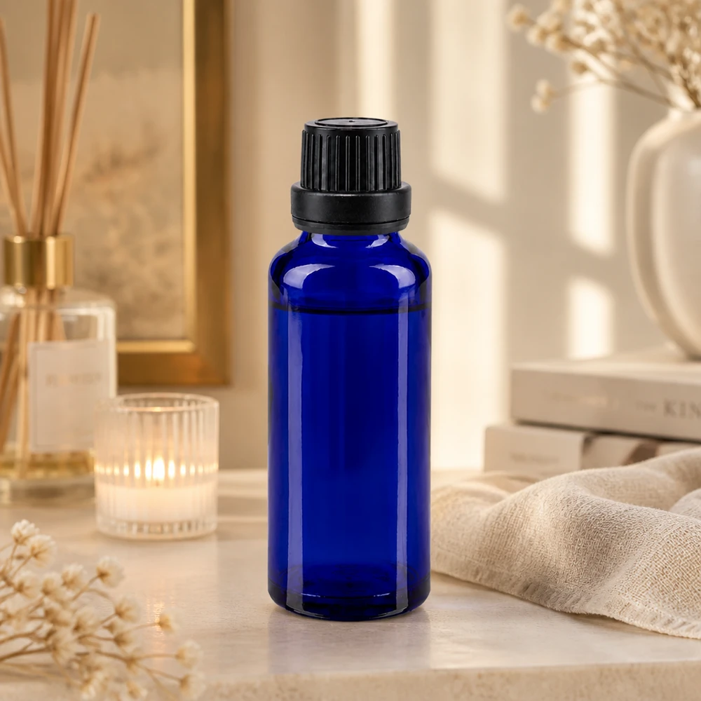 Apoteksflaske blå 30 ml skruelåg sort tæt OV Blå UV-beskyttelsesglas, 30 ml flaske med sort originalitetslåg til naturkosmetik