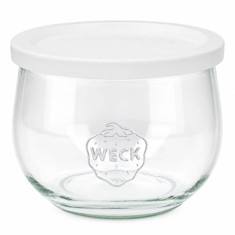 580 ml tulipankrukke med friskhedslåg WECK RR100 WECK tulipankrukke 580 ml med hvidt friskhedslåg RR100 konserveringskrukke transparent med WECK-logo