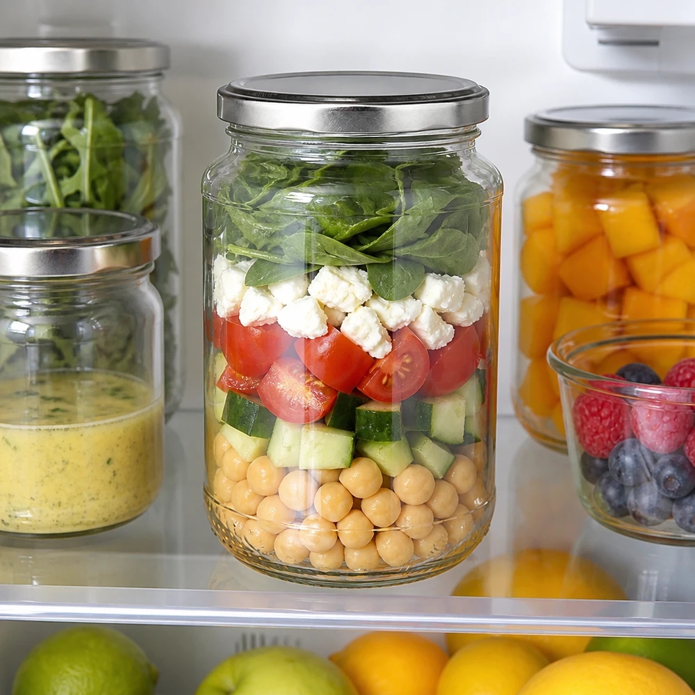 320 ml rundt glas + BasicSeal sølv UNiTWIST Meal Prep-salat i et rundt glas på 320 ml med sølvfarvet BasicSeal-låg, frisk i køleskabet