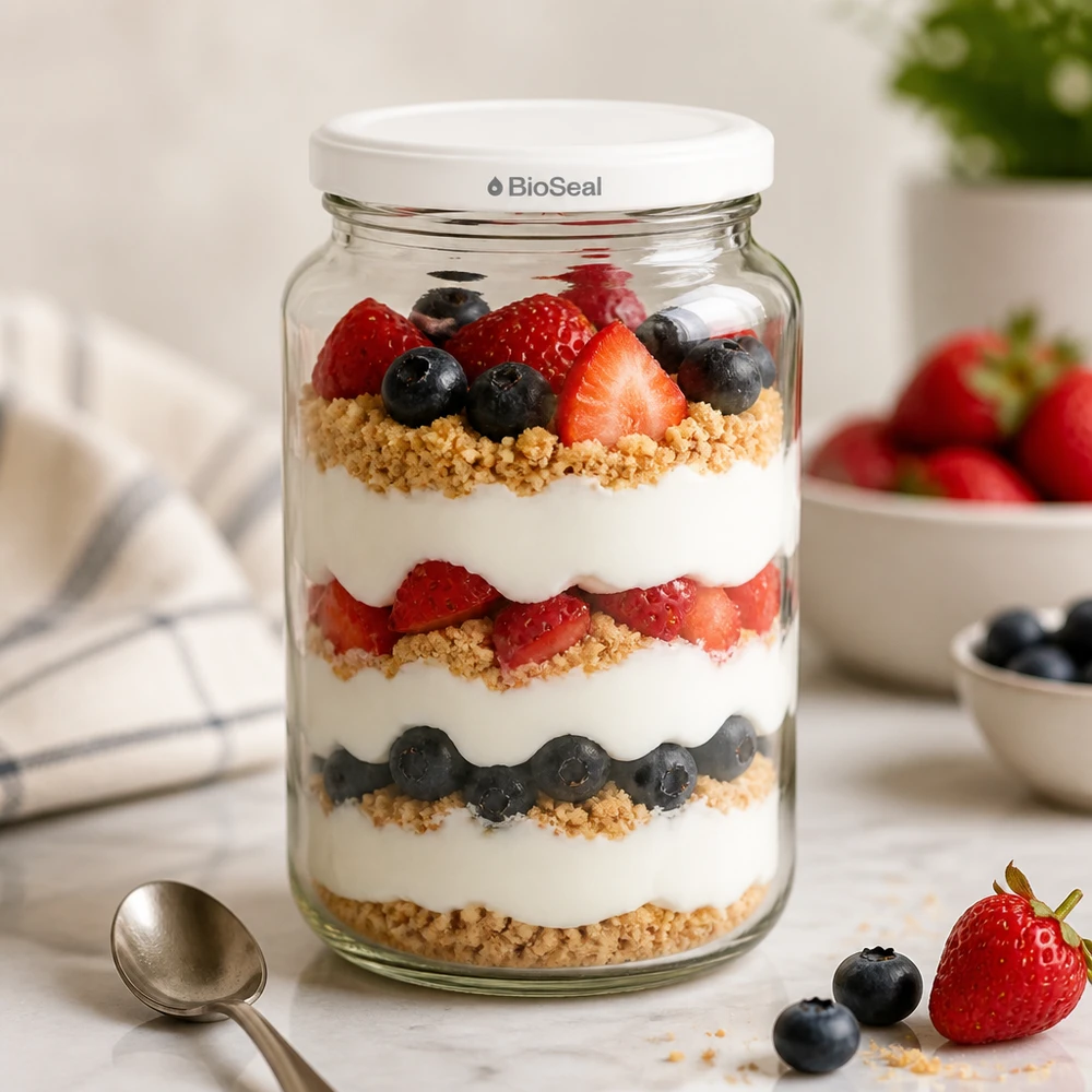 UNiTWIST Runda382 med hvidt låg TO66 BioSeal UNiTWIST Runda382 som dessertglas - lagdelt yoghurt med bær og granola i et BioSeal-konserveringsglas