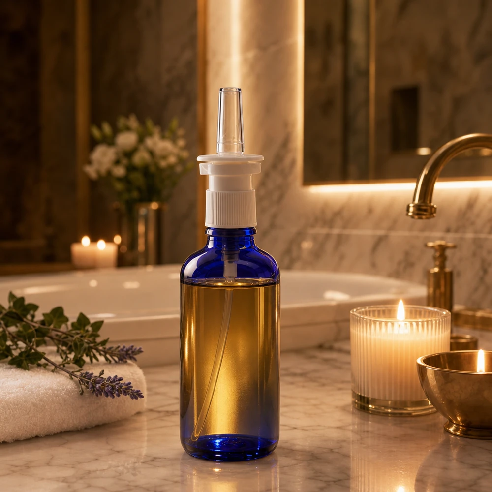 50 ml næsesprayflaske i koboltblå med gyldent indhold på marmor i spa-atmosfære