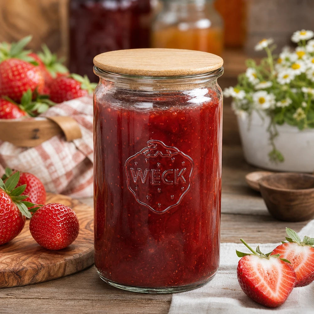 340 ml cylinderglas WECK RR60 med trælåg WECK opbevaringsglas 340 ml fyldt med jordbærmarmelade ved siden af friske jordbær på et rustikt træbord