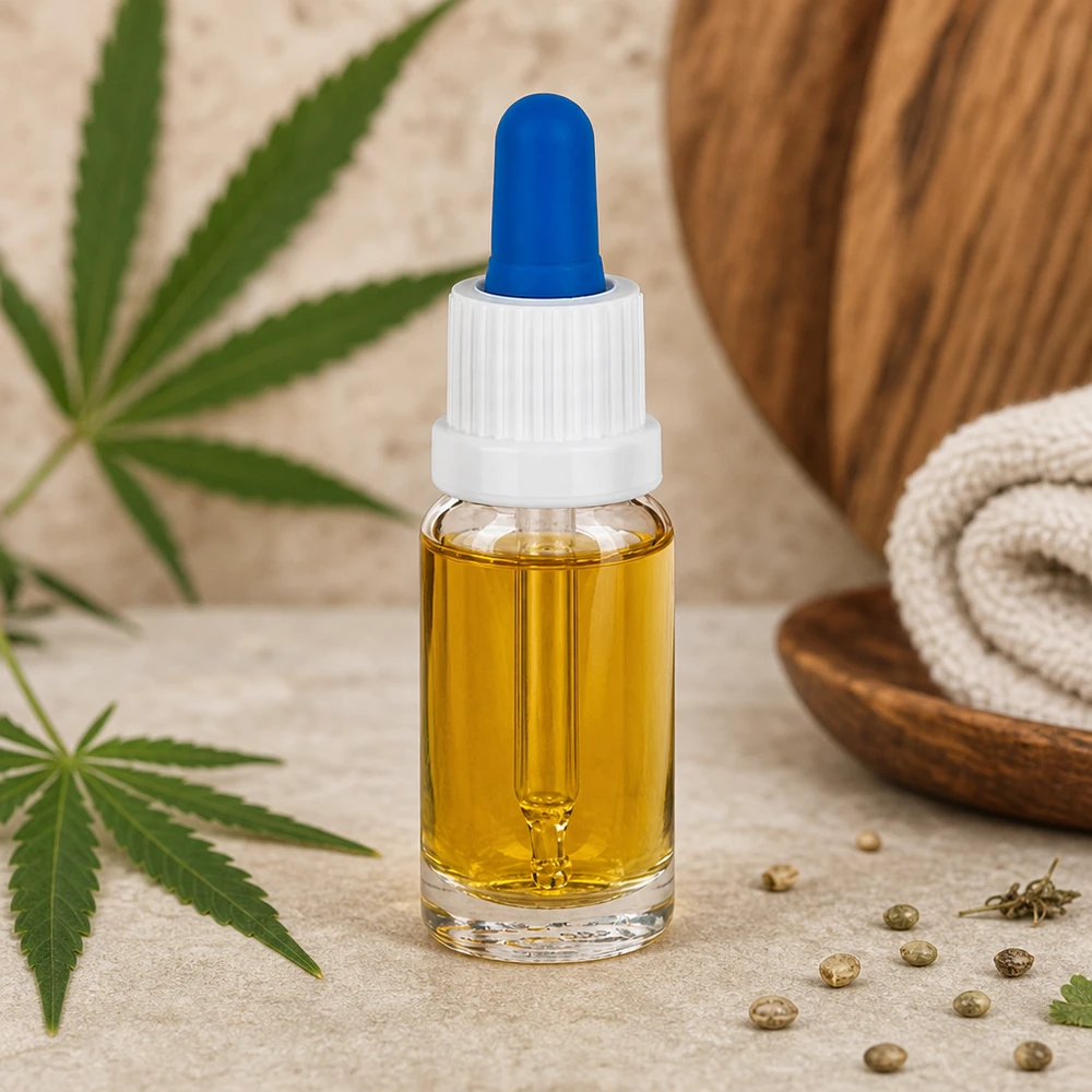 10 ml pipetteflaske hvid/blå OV ClearL. UT18/10 10 ml pipetteflaske af klart glas fyldt med CBD-olie samt cannabisblade og hampfrø