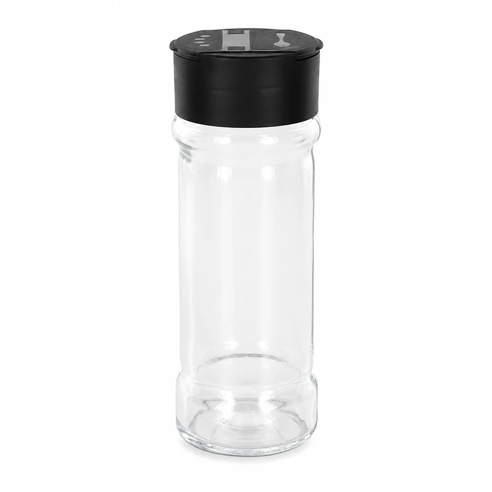 Salt-/krydderikrukke 100 ml med dobbelt strøer, sort Tom krydderikrukke på 100 ml af klart glas med sort låg med dobbelt strøer
