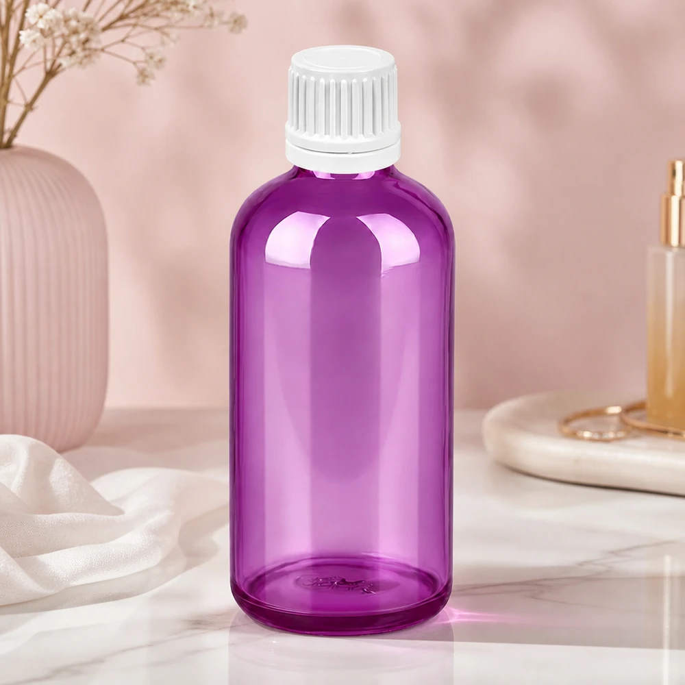 100 ml flaske 11 mm skruelåg hvid Originality skruelåg PurpleLine UT18/100 100 ml glasflaske i høj kvalitet i lys violet med robust hvid hætte til sikker opbevaring