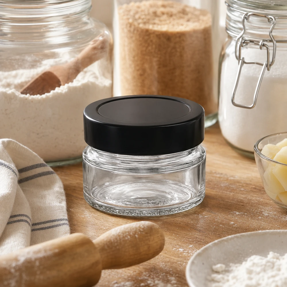 80 ml rund krukke + BasicSeal-låg sort dyb UNiTWIST 80ml Rundglas BasicSeal schwarz in Backküche mit Mehl Zutaten perfekt für Gewürze Backmischungen Küchendeko