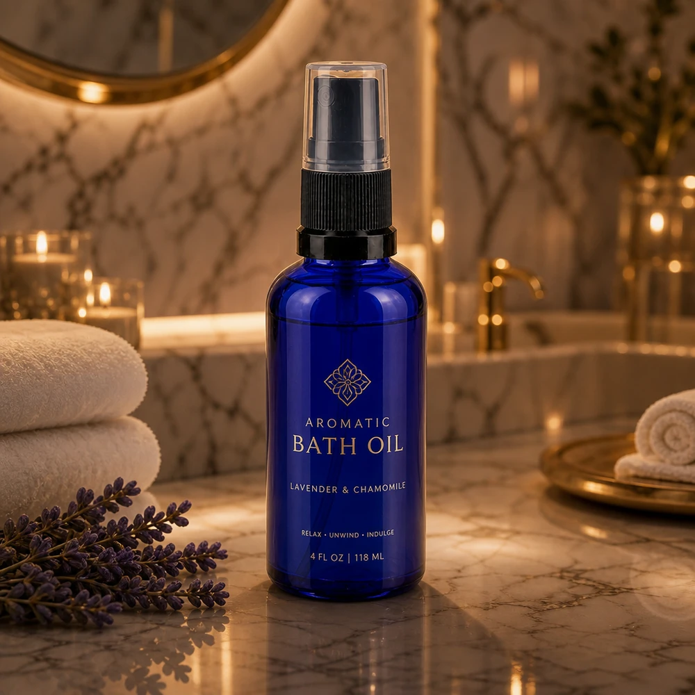 Apotekerflaske blå 50 ml spraytilbehør sort Aromaterapi-badeolie i en koboltblå 50 ml sprayflaske med sort forstøver til luksusbadet