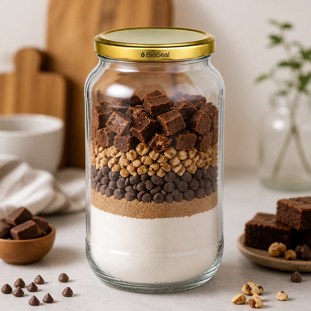 UNiTWIST Runda1062 med guld. Dæksel TO82 BioSeal UNiTWIST Runda1062 Lagkrukke browniemix chokolade nødder TO82 BioSeal guldlåg bagemix opbevaringskrukke
