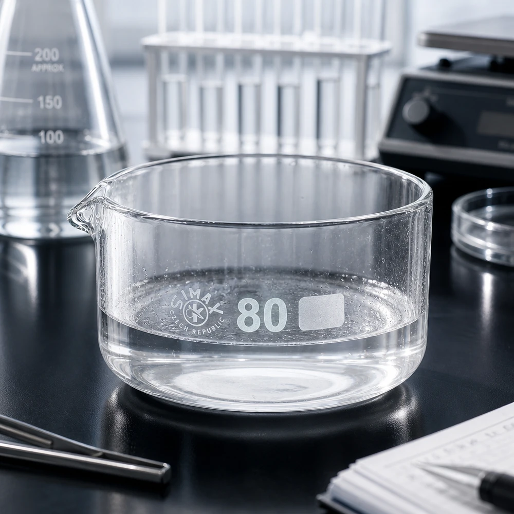 Krystalliseringsskål 150 ml med borosilikat-tud Gennemsigtig krystalliseringsskål 150 ml med tud på sort laboratorieplade, ø 80 mm, SIMAX