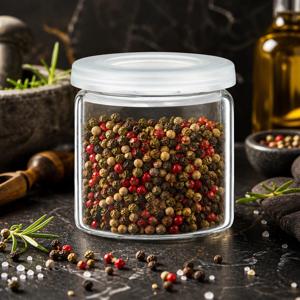 Idé til krydderikrukke: 5 ml tabletkrukke (krukke med rullet kant) i klart glas Glas med rullet kant af klart glas, fyldt med en farverig peberblanding og med hvidt låg på en mørk overflade