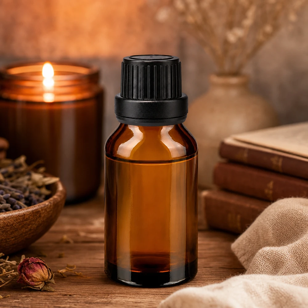 Aromaterapi-apotekflaske, 15 ml, brunt glas med sort skruelåg til æteriske olier