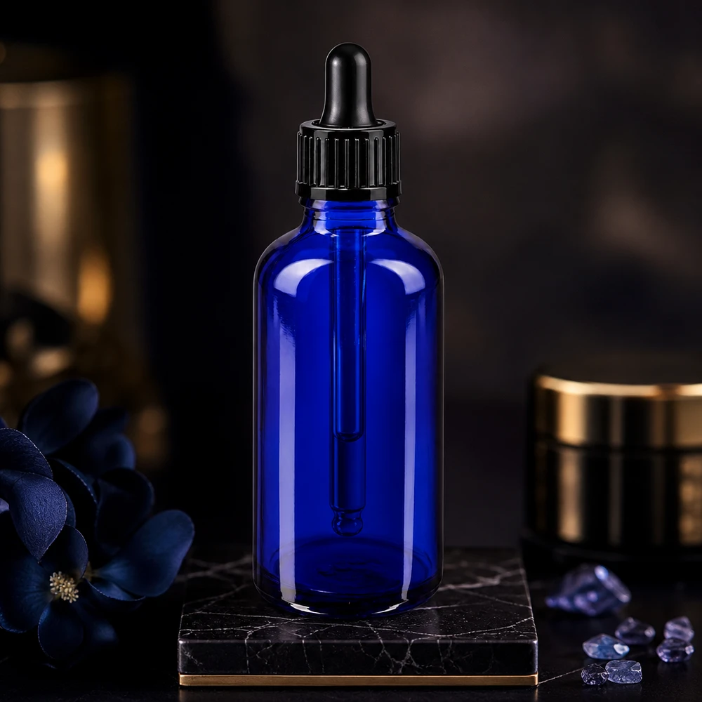 50 ml blå dråbeflaske af STD-apotekerglas med sort pipetteprop på marmorfod